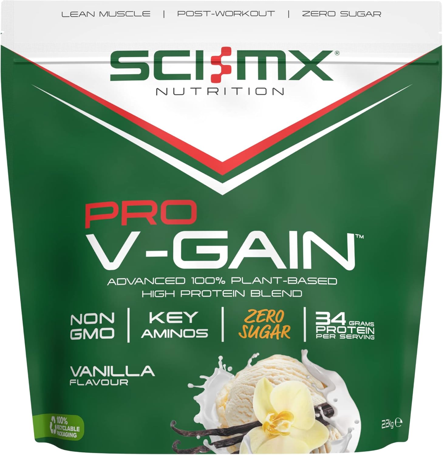 SCI-MX Pro-V Gain - 100% Vegan Vanilla Flavour Soy Protein Powder Isolate + B12 + Magnesium - Muscle Growth & Maintenance - Sugar Free, Non-GMO - 2.2KG (49 servings) 34g of protein per serving