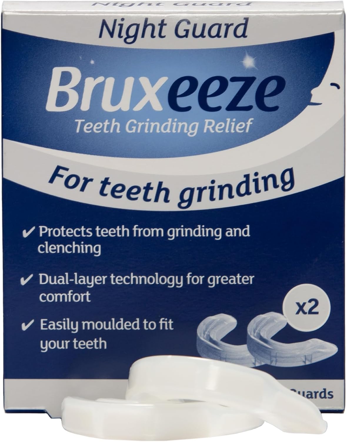Bruxeeze Dental Self-fit Night Guard - Relieves Teeth Grinding & Jaw Clenching - Teeth Grinding Guard for Men & Women - Mouldable Mouthguard to Stop Bruxism, 2 Pack