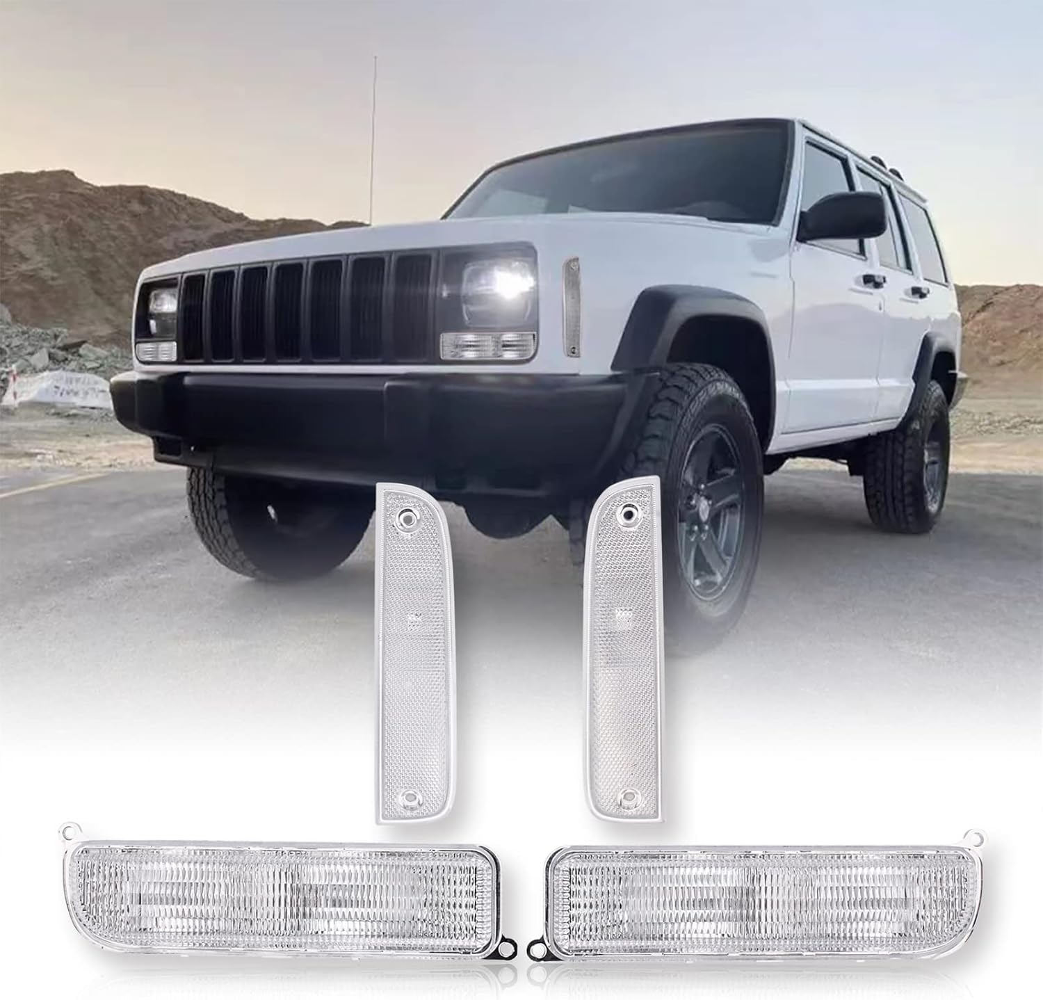 Fits for Jeep 97-01 XJ Signal Lights - Combo White Crystal Bumper Turn Signal + Corner Side Marker Lamps Set (Left + Right) Compatible Cherokee XJ Chassis (Crystal 4 Pieces)