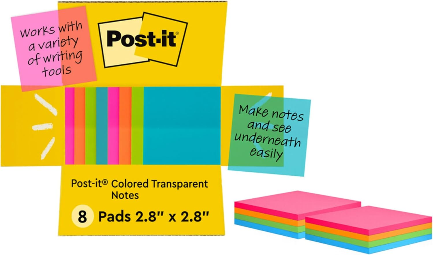 Post-it Colored Transparent Sticky Notes, 3x3 in, 8 Pads/Pack, 36 Sheets/Pad, Sticks Securely and Removes Cleanly