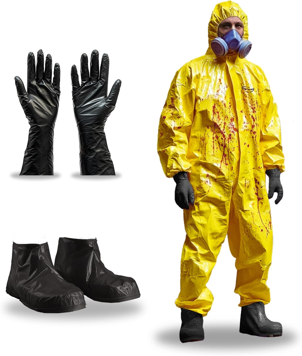 Yellow Coverall Chemical Suit With Reusable Acid Resistant Gloves And Plastic Waterproof Shoe Cover