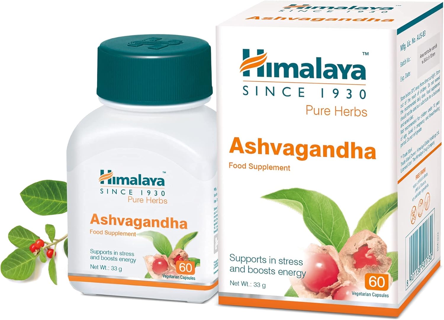 Himalaya Herbals Pure Herbs Ashvagandha Herbal Food Supplement | Helps Maintain a Healthy Balance and Healthy Sleep | Supports in Stress, for Daily Dose of Energy - 60 Vegetarian Capsules