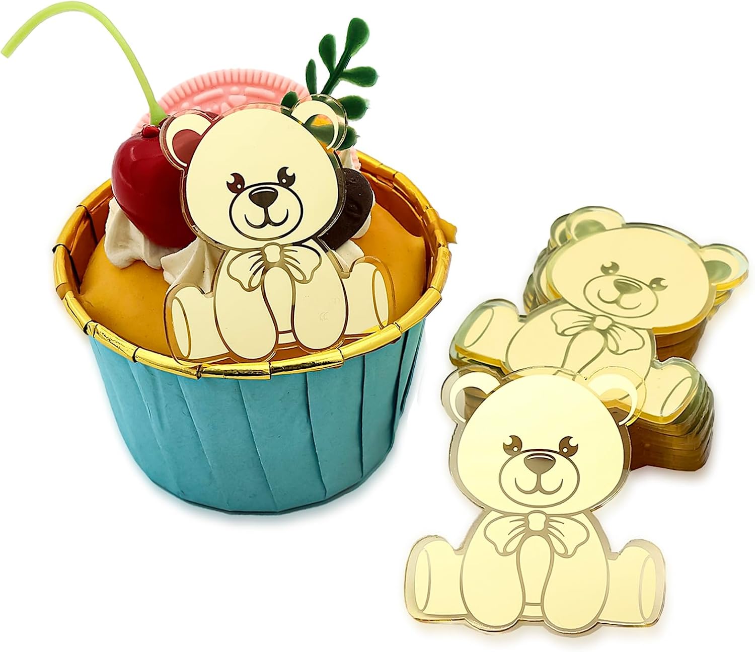 12 Pieces Happy Birthday Bear Shape Cupcake Topper Acrylic Gold Mirror Mini Cake Topper for Party Decoration