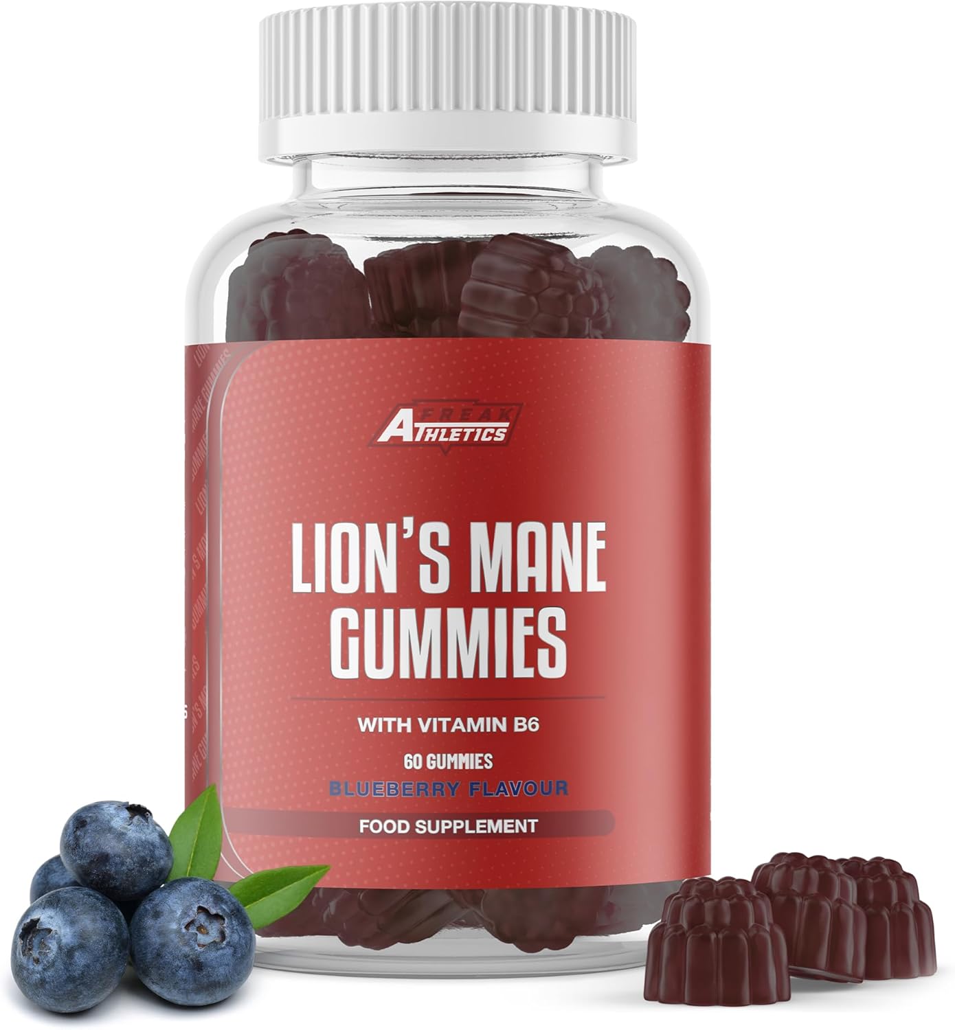 Freak Athletics Lion's Mane Gummies – 2000 mg Lions Mane Mushroom Extract Per Serving with Vitamin B6 for Immune Support & Cognitive Health, Natural Blueberry Flavour, 60 Vegan & Sugar-Free Gummies