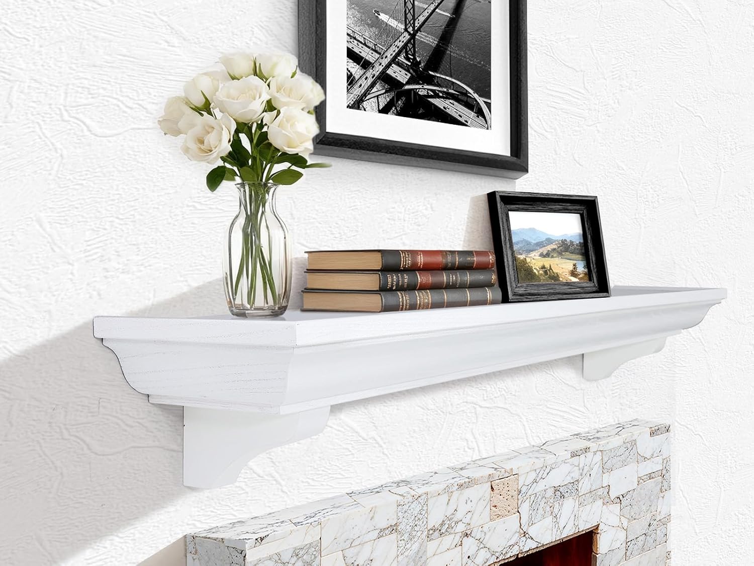 48 Inch Fireplace Mantel Shelf with Corbels, Rustic Floating Shelf for Wall, Wooden Fireplace Mantle for TV Mounting & Living Room, White