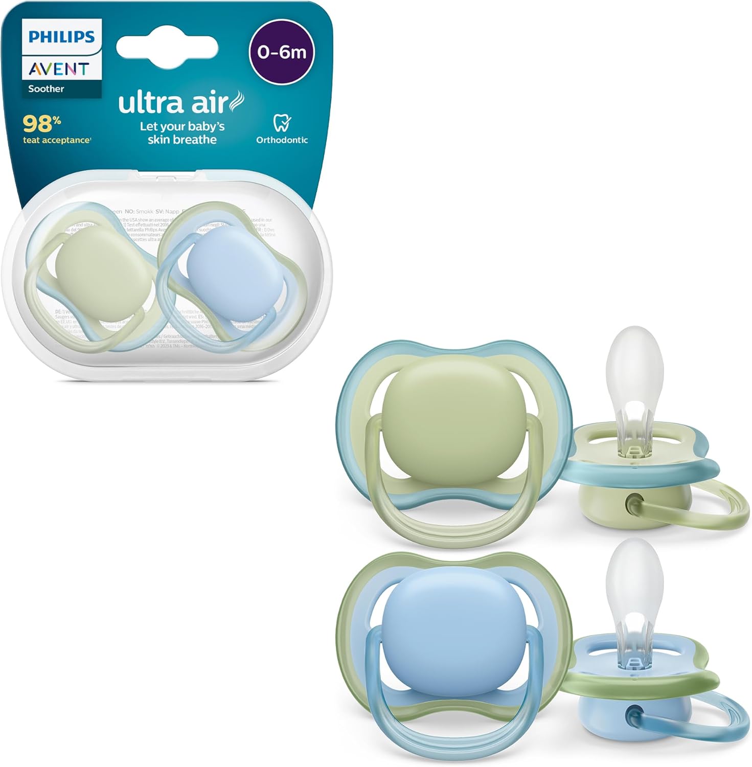 Philips Avent Ultra Air Pacifiers, Light Breathable Pacifiers for Babies Aged 0-6 Months, BPA Free, with Sterilizer Carry Case, 2 Pack, Model SCF085/21
