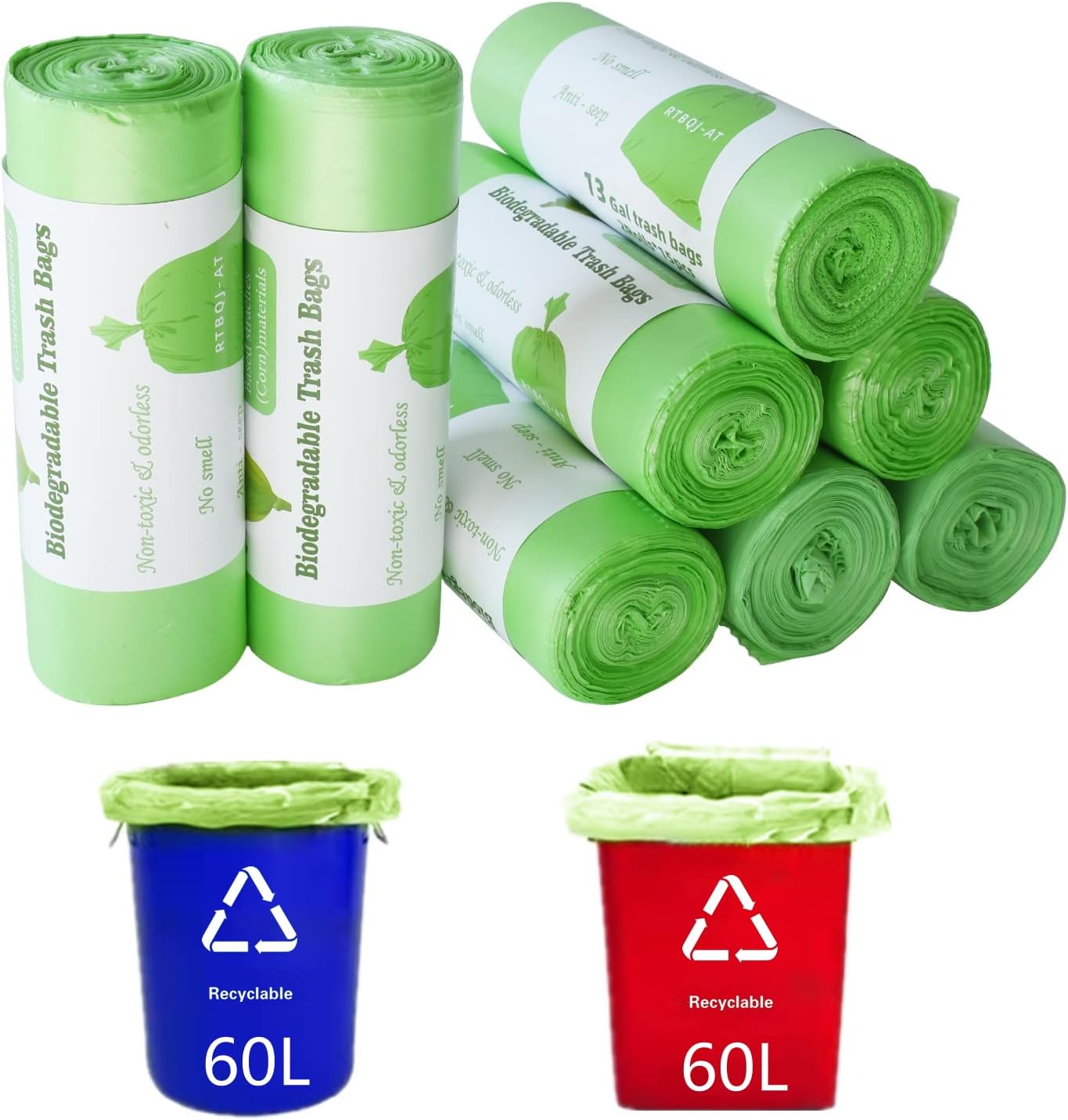 RTBQJ-AT 100% Biodegradable Bin Liners, 60L 120 Bags Biodegradable Food Waste Bags, Super Sturdy Bin Bags