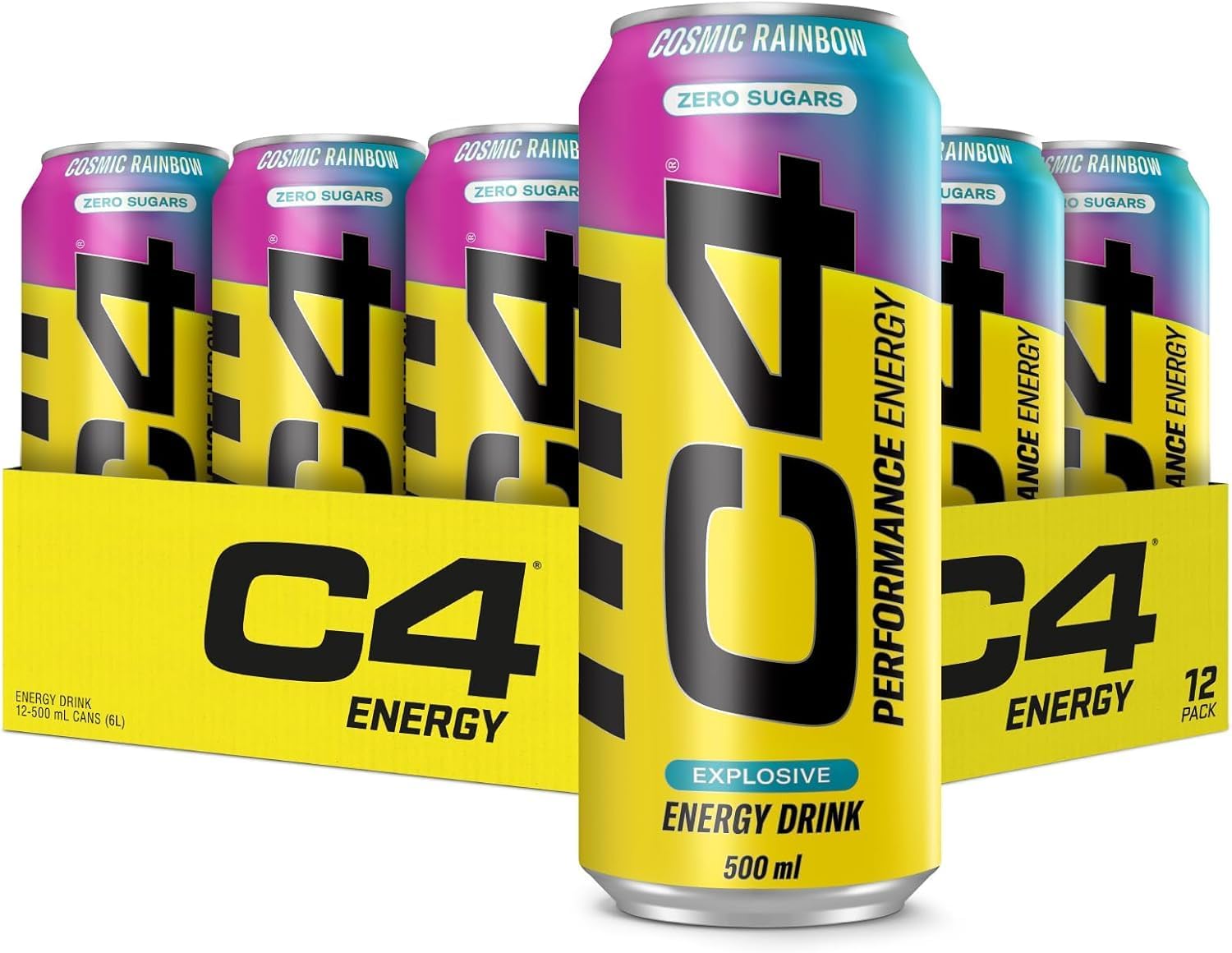 C4 Performance Energy Drinks, Cosmic Rainbow Flavour, 500ml, 12 Pack