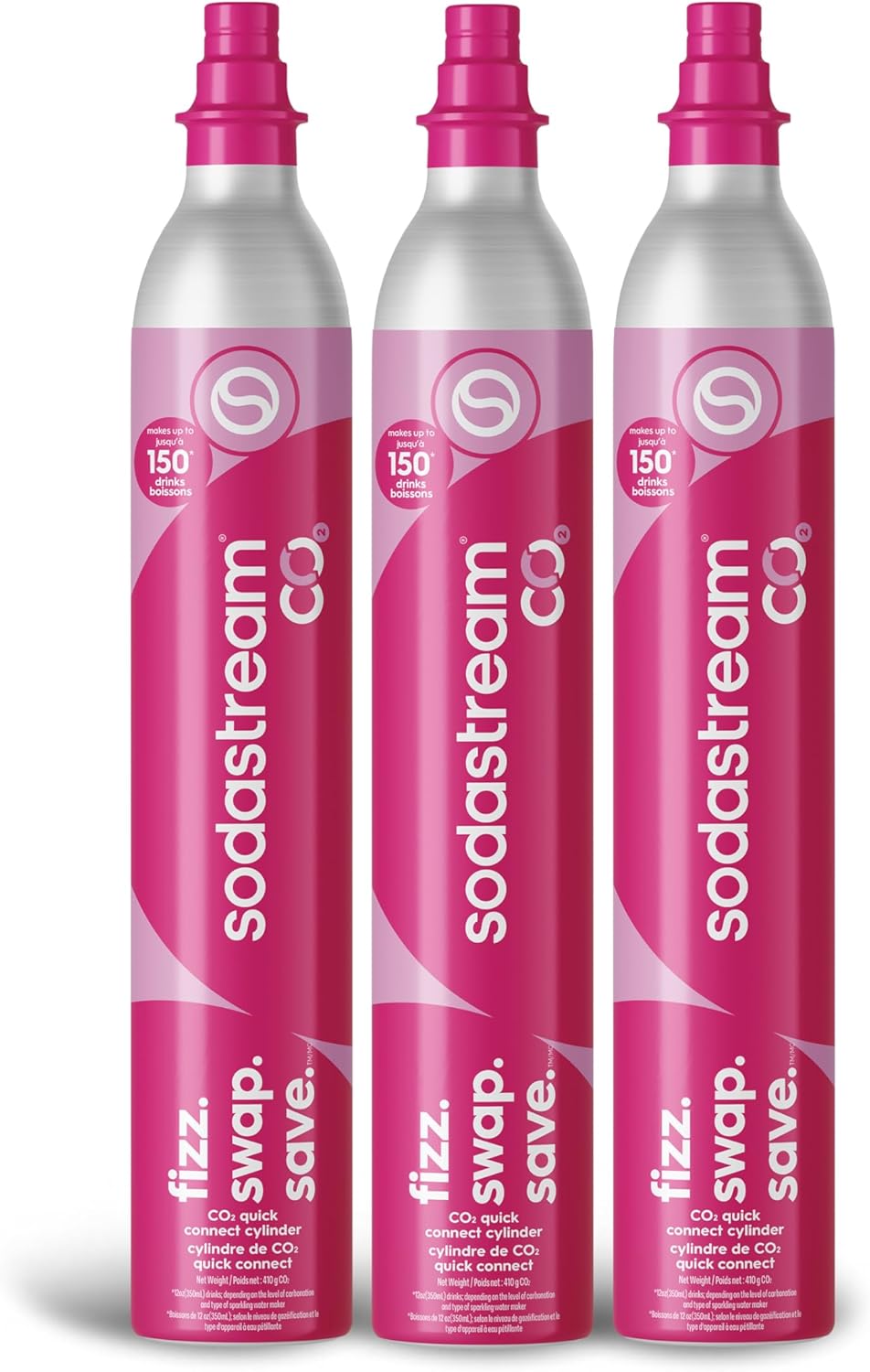 SodaStream CO2 Gas Refill Pack, 3 x 60L Pink Quick Connect Cylinders, Soda Stream CO2 Refill, Makes Up to 180 Liters of Sparkling Water, Compatible with TERRA, ART, ENSO, E-TERRA, E-DUO & More