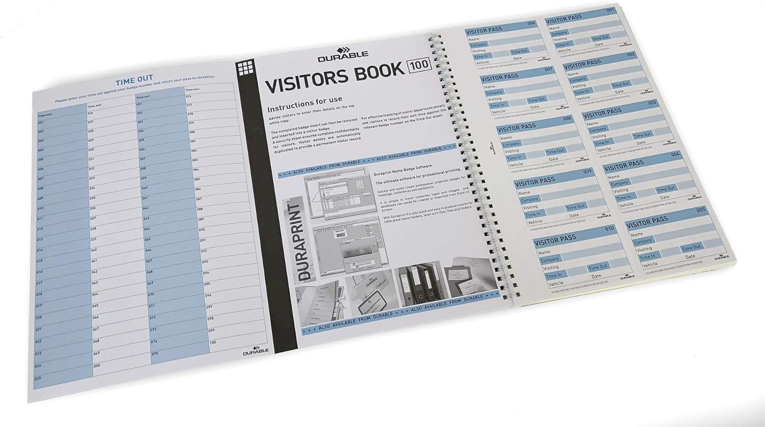 Durable Visitor Book 100 Refill Pack - Insert Refill Book for Professional Use - Includes 100 Perforated 90 x 60 mm Badge Inserts - GDPR Compliant Visitor Management
