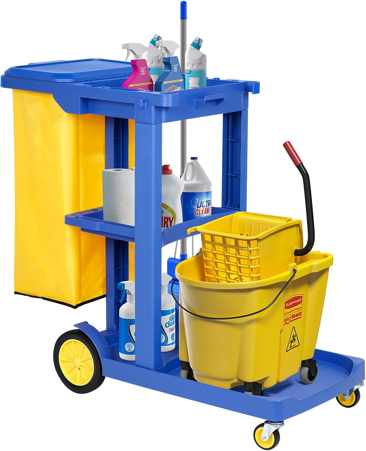 bimiti Janitorial Trolley Janitor-Housekeeping Cart on Wheels Cleaning Trolley with Vinyl Bag Lid Heavy Duty Commercial 3-Tier Janitorial Cart on Wheels for Hotel Service Shopping Centres Office