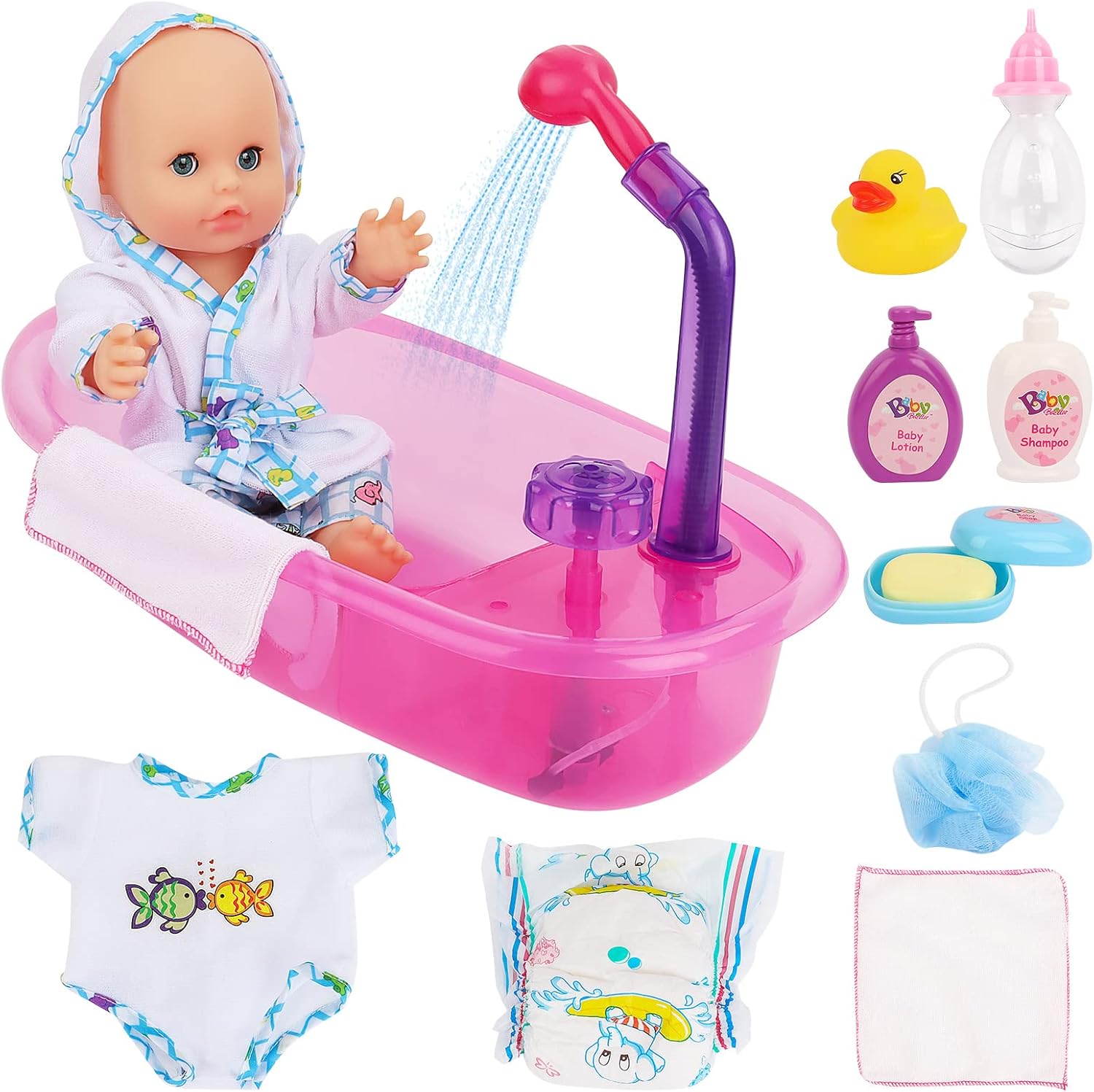 deAO Baby Doll Set with Bathtub,11PCS Doll Bath Set - Real Working Bathtub with Detachable Shower Spray,Toy Gift Set for 3+ Years Old Kids
