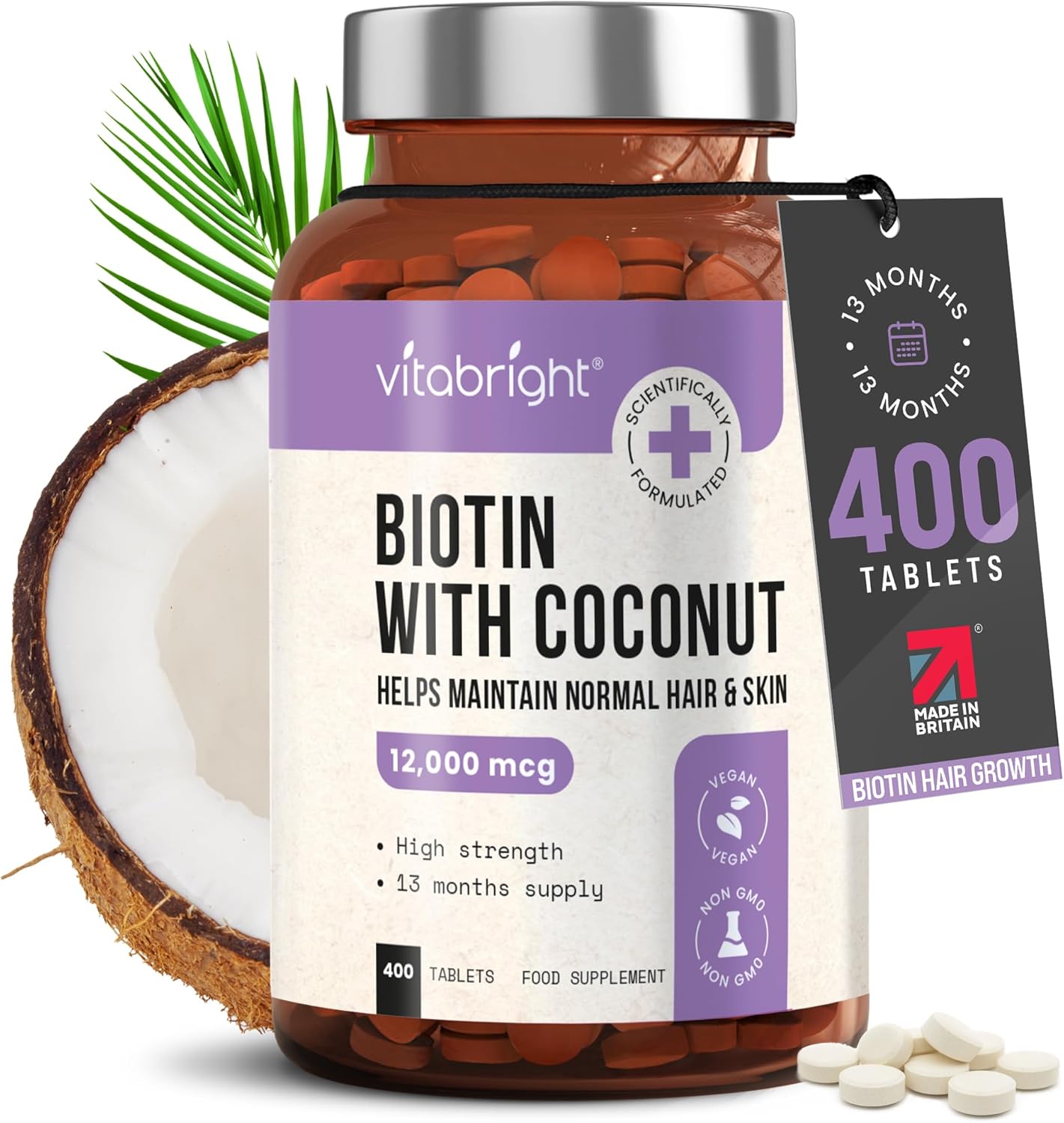 Biotin Hair Growth Vitamins 12000mcg, 400 D-Biotin Tablets with Coconut, Vegan Hair Skin & Nails Vitamins for Women and Men High Strength Fast Hair Vitamins, VitaBright Vitamin B7 Biotin for Hair