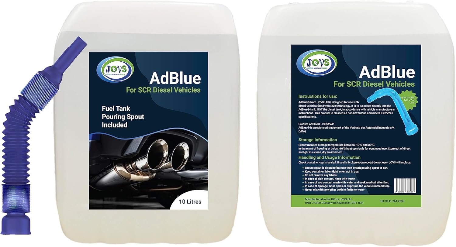 Jovs AdBlue 2 X 10 Litre with Spout – Diesel Exhaust Fluid Additive for SCR-Equipped Vehicles - Crystal Clean Diesel Treatment Fluid, ISO 22241 Compliant, Injected into Engine Exhaust Gases – DEF