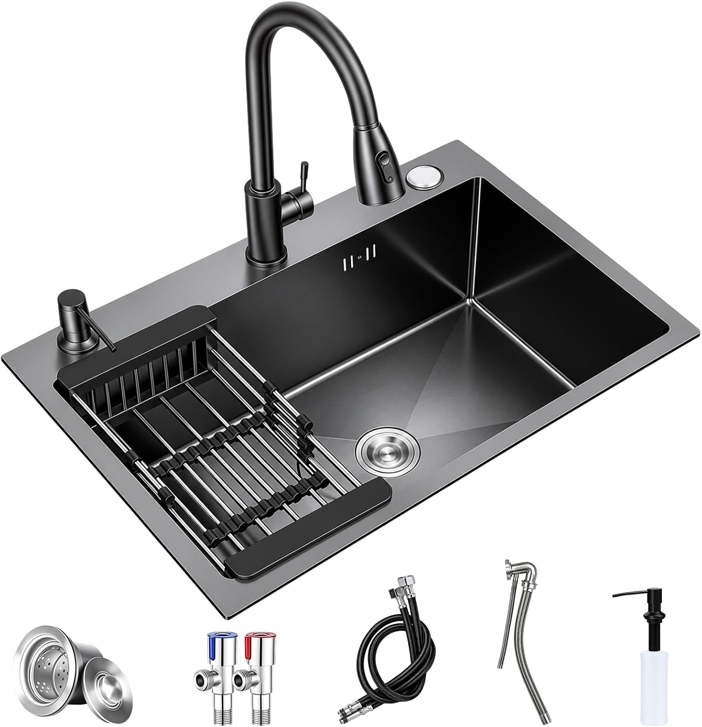 Black Kitchen Sink, 50x45cm Stainless Steel Sink with Drainer Basket