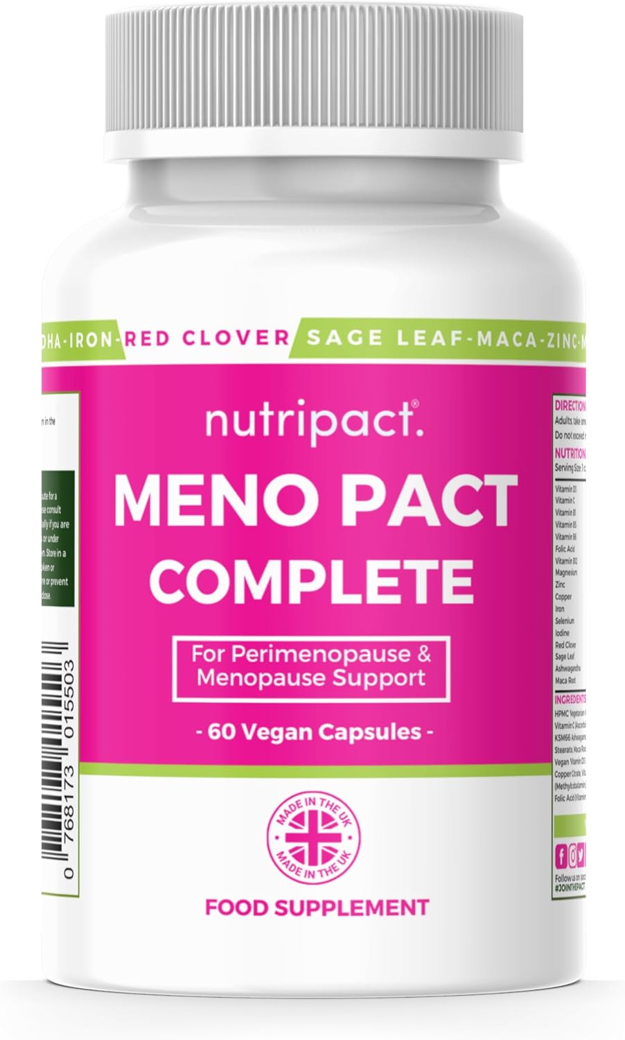 Meno Pact Complete - Perimenopause & Menopause Supplement - 17 Active Ingredients – Herbal Extracts, Vitamins & Minerals - Formulated by Women’s Health Experts - 60 Vegan Capsules – Nutripact