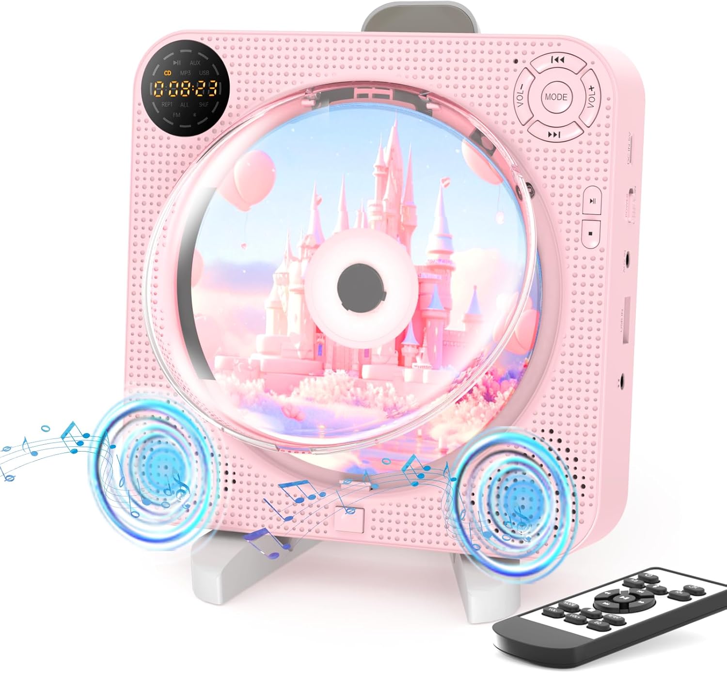 Portable Bluetooth CD Player with Speakers - Small Wall CD Player for Home with Remote Control FM Radio Digital Screen Headphone Jack,Support AUX in Cable&USB,Pink Kpop Player
