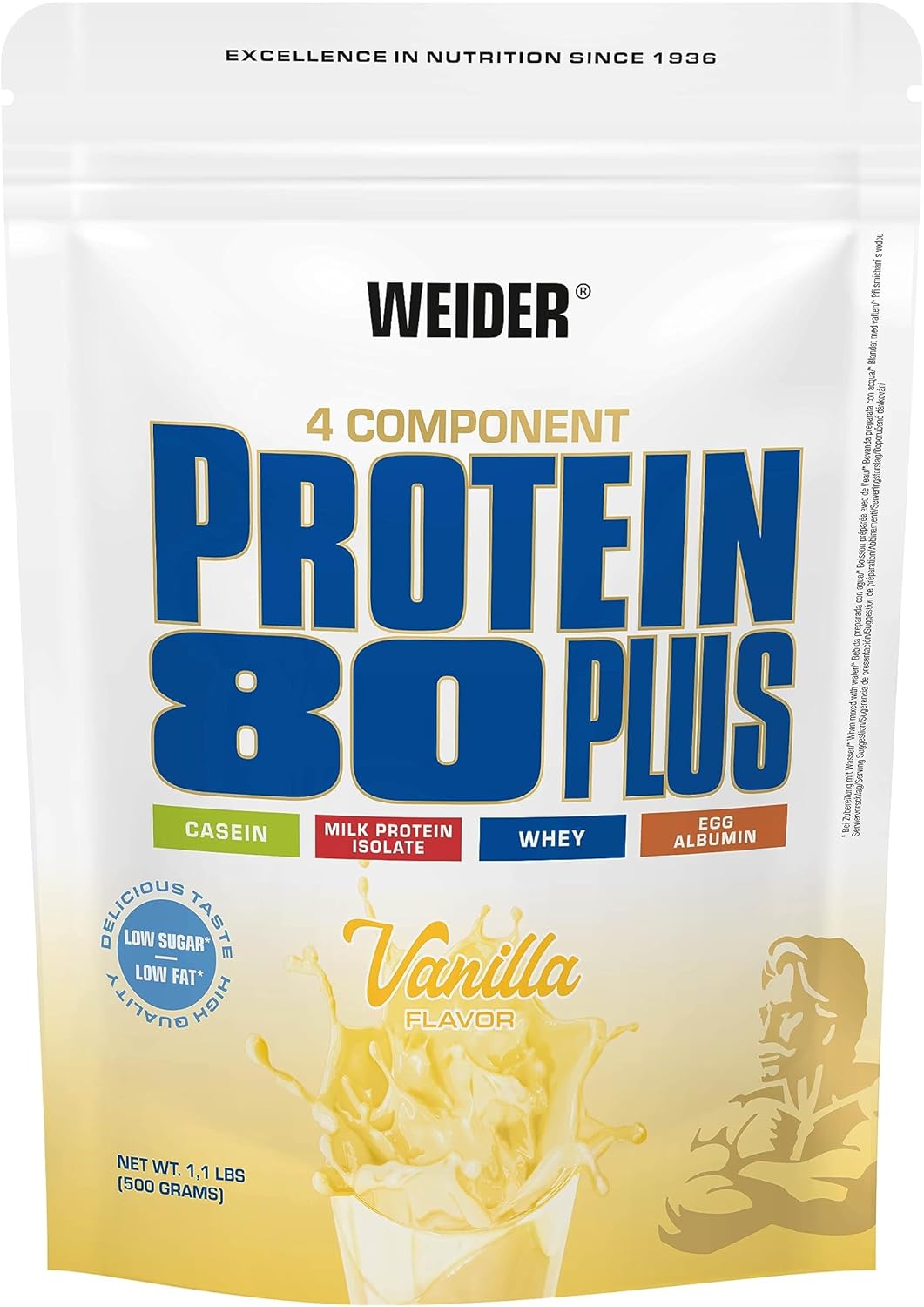 Weider Protein 80 Plus (500 g) Vanilla Flavor Multi-Protein Source: Casein, Milk Protein Isolate, Whey, Egg Albumin, Powder for Creamy Low Fat and Low Sugar Shakes, Delicious Taste