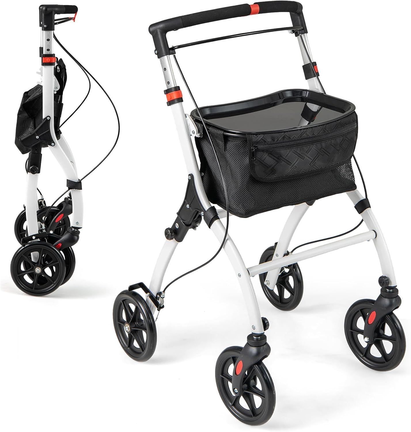 GYMAX Folding Rollator Walker for Elderly, 4 Wheel Narrow Walking Aid with Removable Tray, Basket and Brakes, Adjustable Lightweight Rollator for Disabled