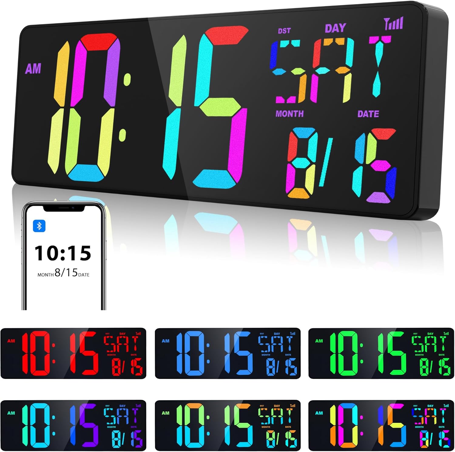 XREXS Large Digital Wall Clock Bluetooth Sync, 17.2" RGB Color Changing Digital Clock with Remote Control, Adjustable Brightness Grandfather Clock, Temperature Clock for Home, Gym and Classroom