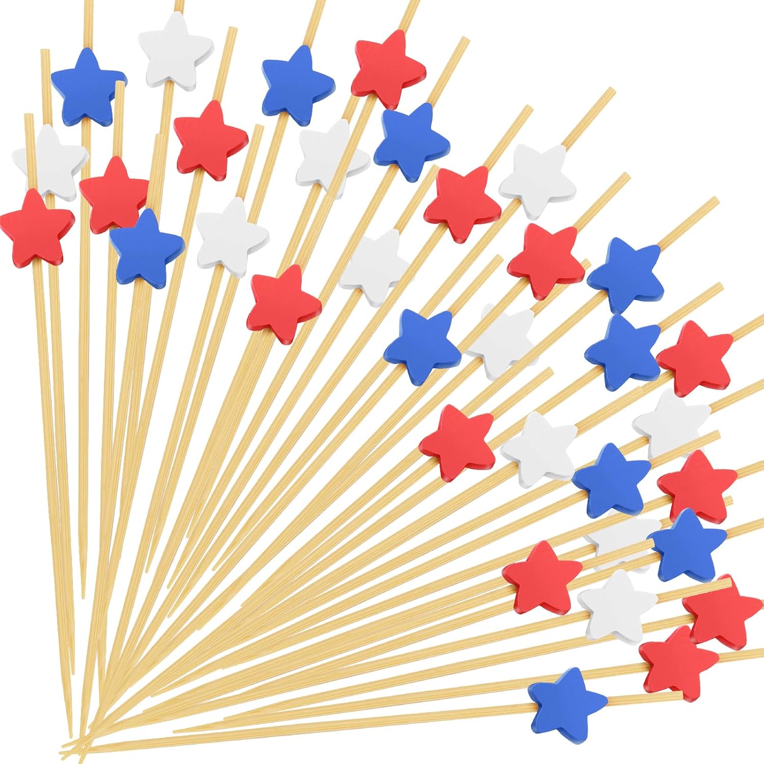 100PCS 4th of July Cocktail Picks, Red White Blue Star Bamboo Toothpicks for Appetizers, 4.7 IN Charcuterie Skewers Sticks for Fourth of July Party Supplies Independence Day Patriotic Decorations