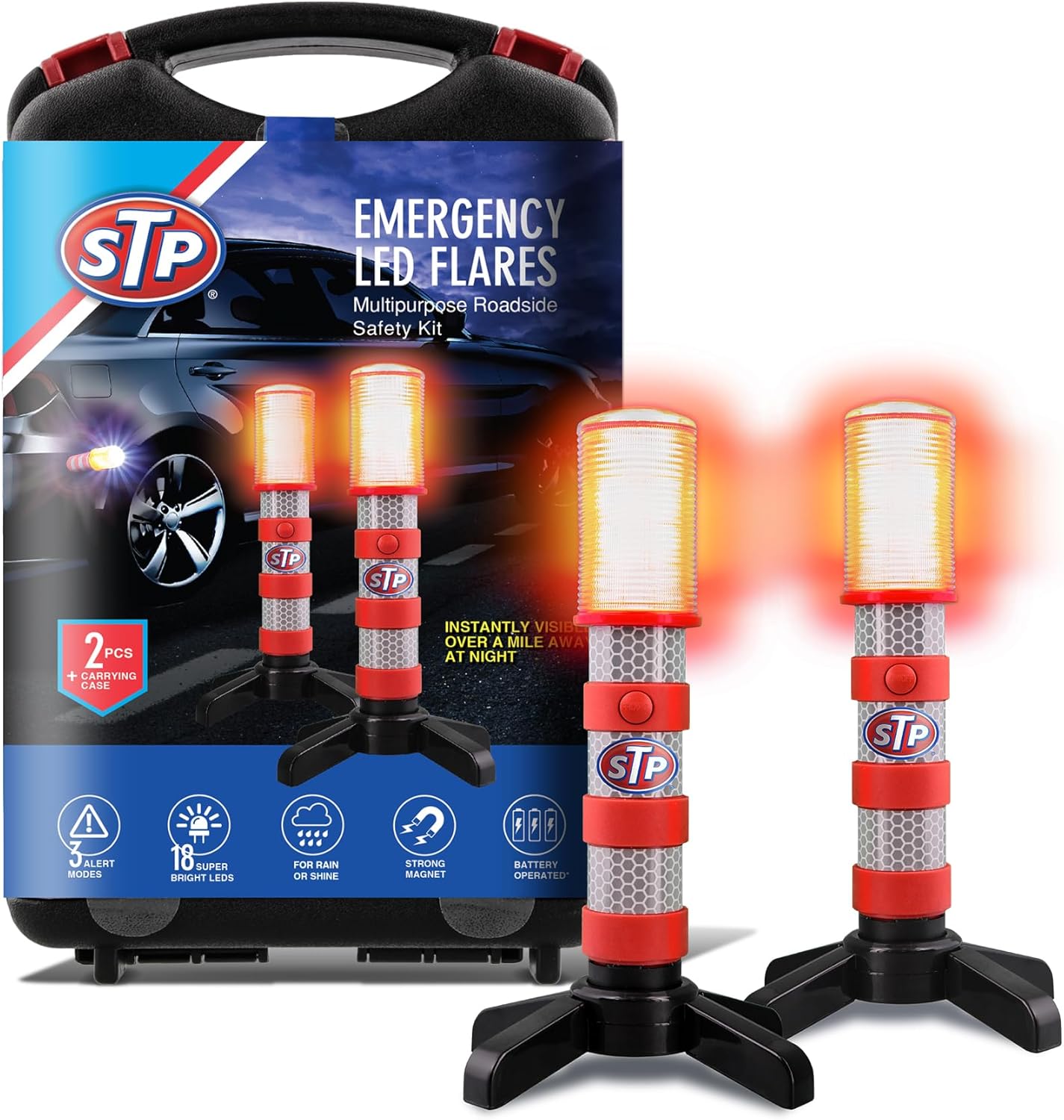 STP Emergency LED Road Flares, 3 Separate Lighting Modes: Flashing Red, Solid Red and White Flashlight, Visible From Up To A Mile, Foldable Stands/Built-In Magnet Sticks To Car
