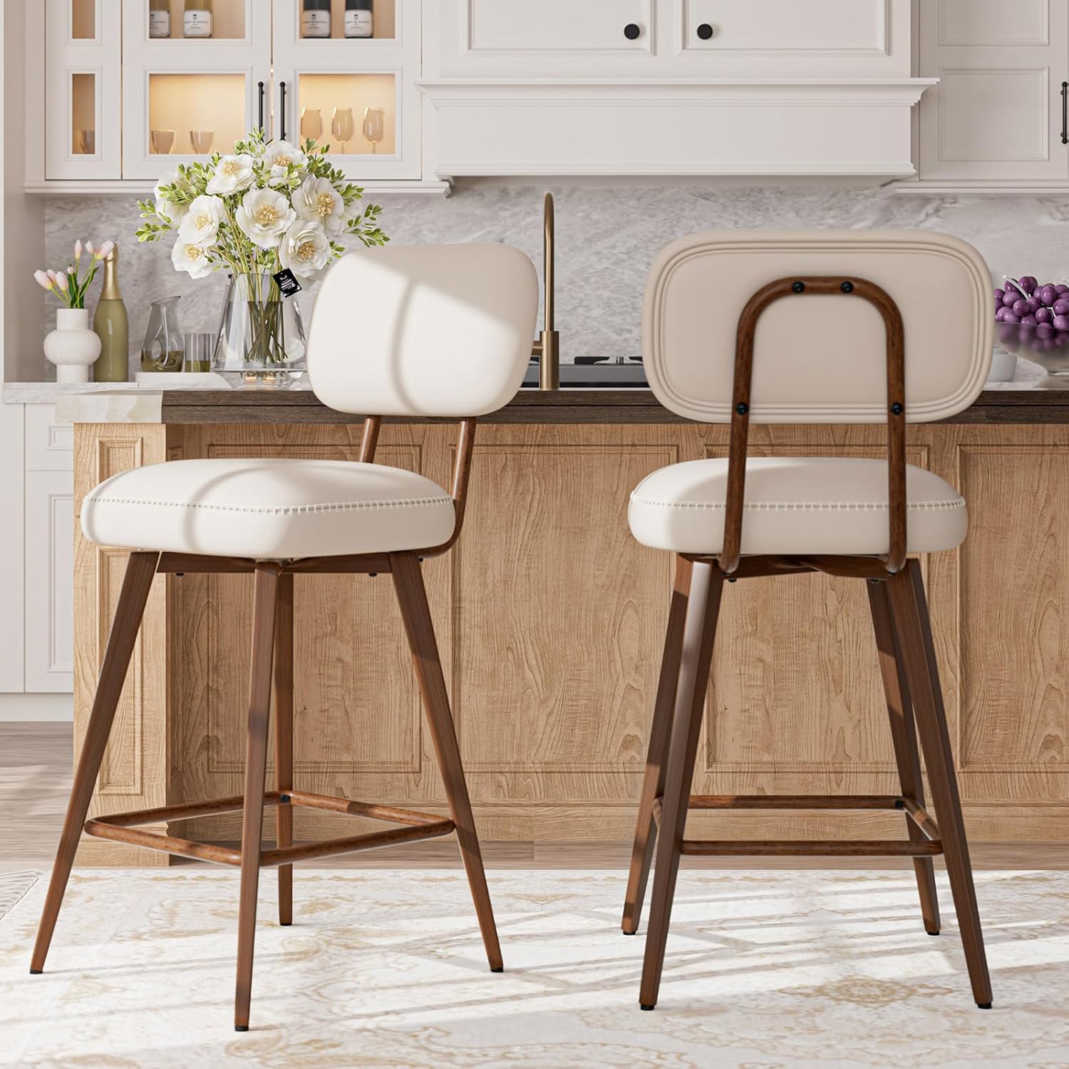 26“ Swivel Bar Stools Set of 2, Mid Century PU Leather Counter Height Bar Chairs with Low Back and Metal Legs, Modern Bar Stool Chair for Kitchen Island, Beige
