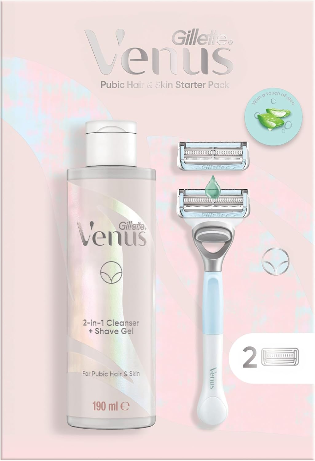 Gillette Venus For Pubic Hair & Skin Women's Razor, 2 Blade Refills and 2in1 Shave Gel and Cleanser 190ml