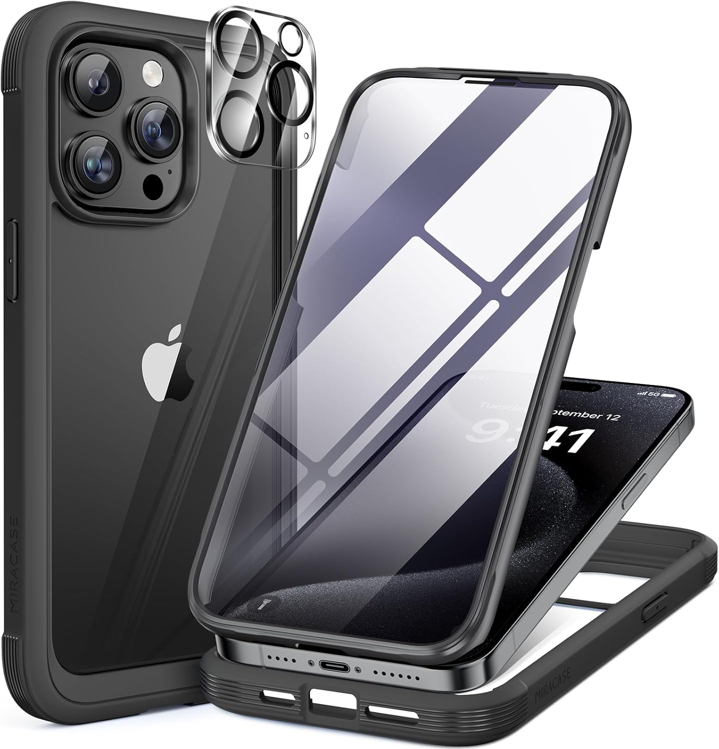 Miracase Glass Case for iPhone 15 Pro Case 6.1-Inch, Full Body Bumper Clear Back Cover and Built-in 9H Tempered Glass Screen Protector + Camera Lens Protector (Black)