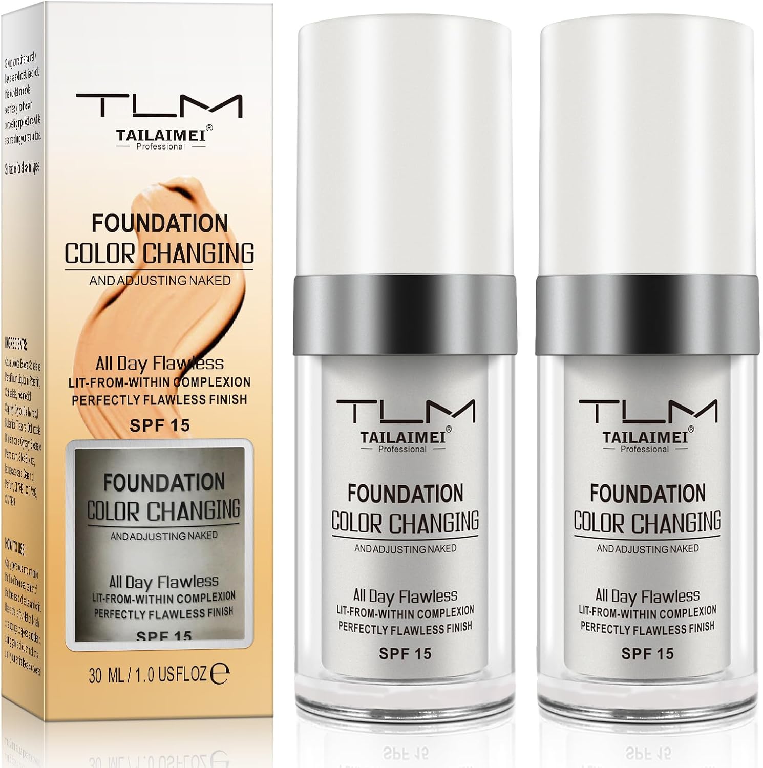 2pcs Color Changing Foundation SPF15, Seamless Tone Matching and Sun Protection,Long-Lasting Hydrating and Nourishing for All Skin Foundation