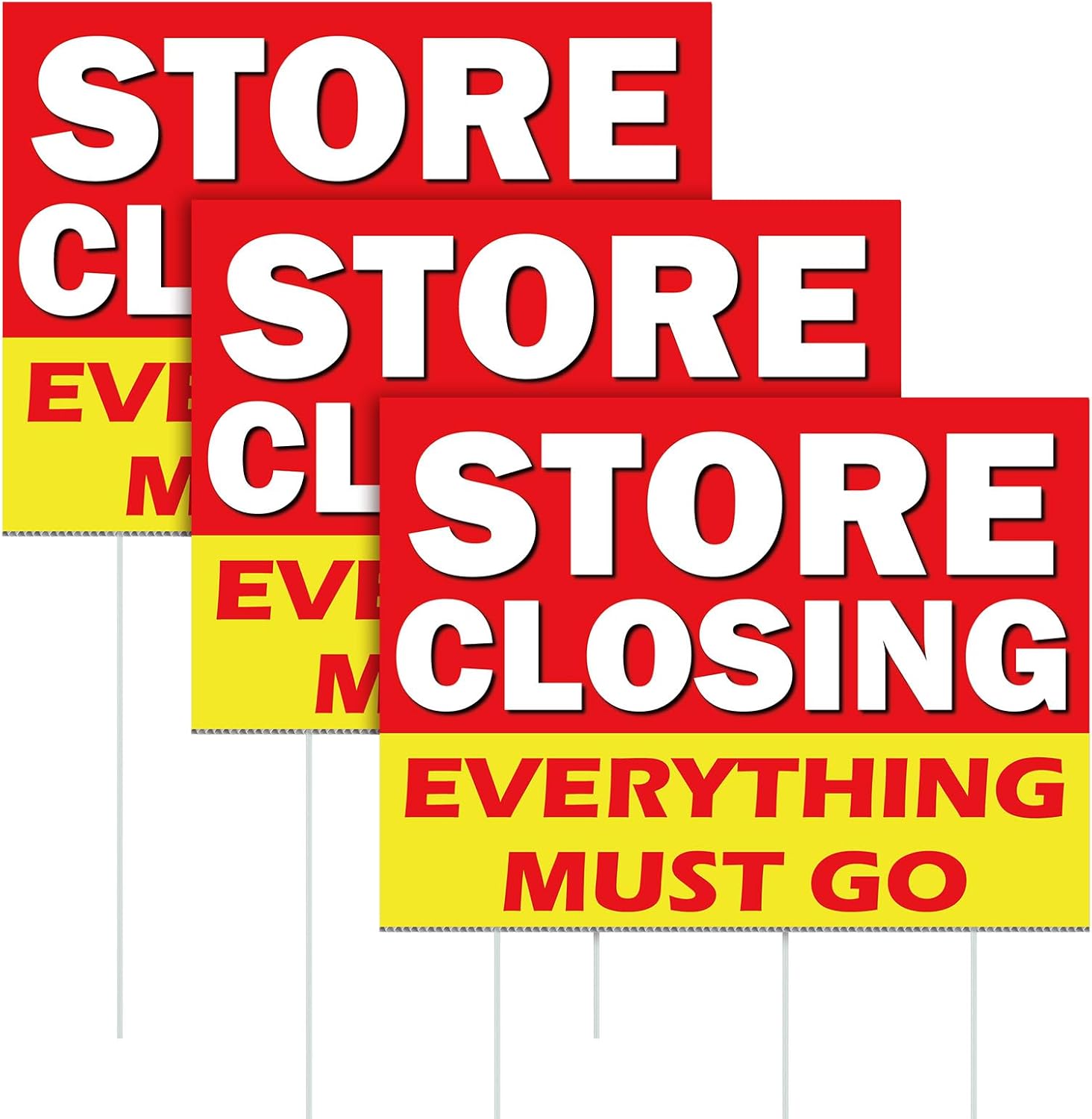 Leinuosen 3 Pcs Store Closing Everything Must Go Yard Signs with 6 Plastic Ground Stakes Full Color Business Liquidation Display Board Outdoor Store Clearance Lawn Yard Signs 15.8 x 11.8 Inches