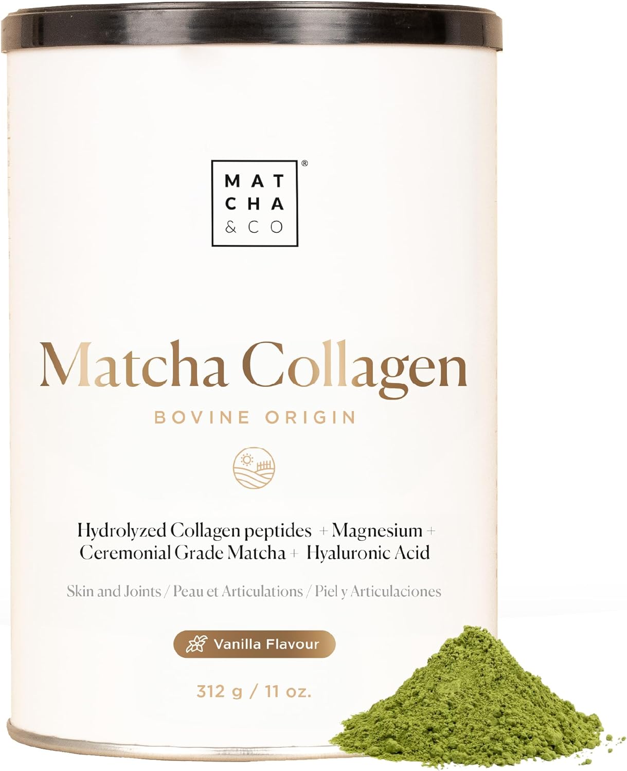 Collagen with Magnesium, Matcha Tea and Hyaluronic Acid. Joints, Skin and Nails. 300 g Matcha Collagen Powder. Gluten Free, no Added sugars and GMO Free. Keep Your Body Healthy and Strong. (Vanilla)
