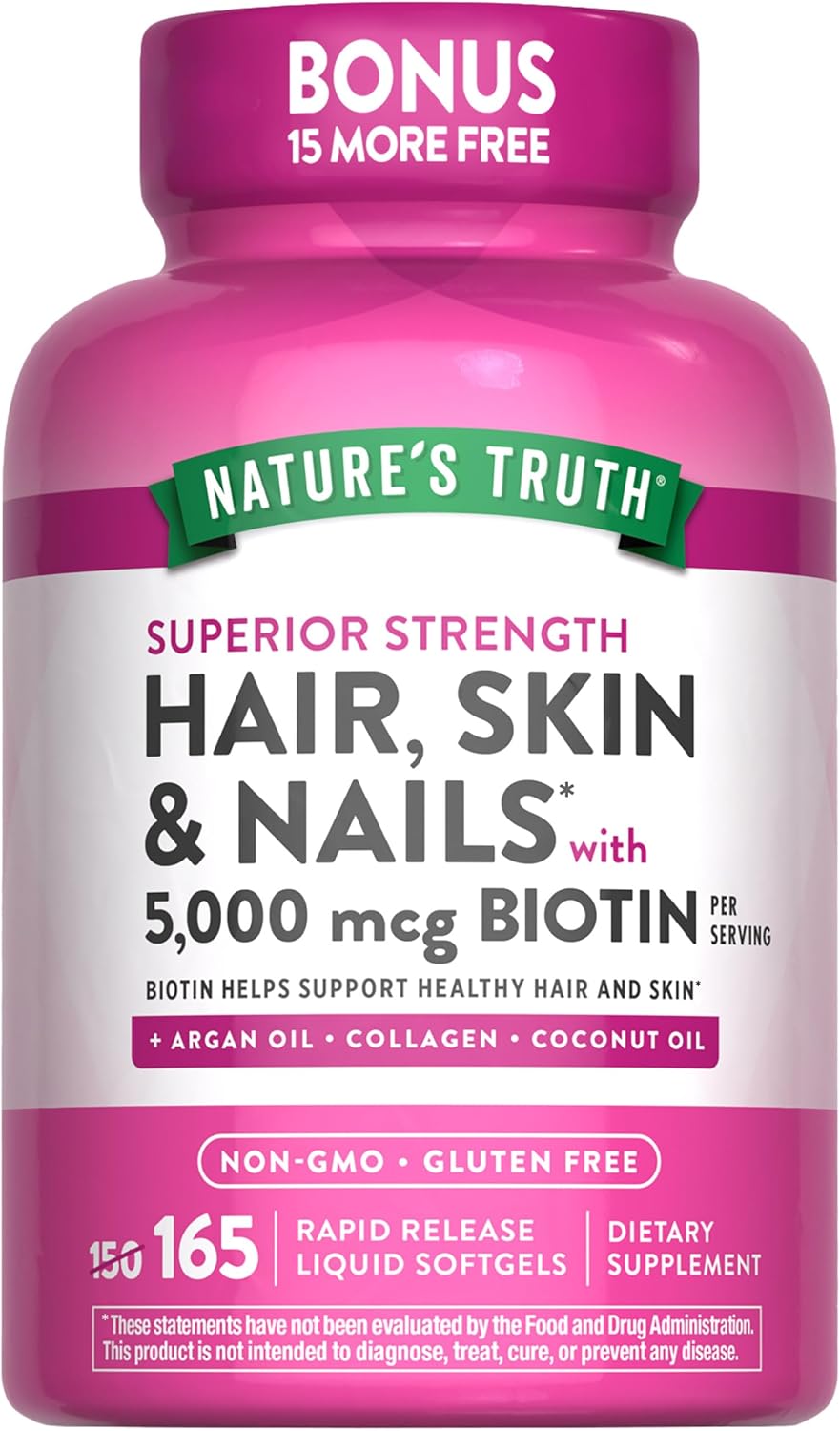 Nature's Truth Hair, Skin & Nails Vitamin | 5000 mcg Biotin | 165 Softgels | with Collagen | Non-GMO & Gluten Free Supplement