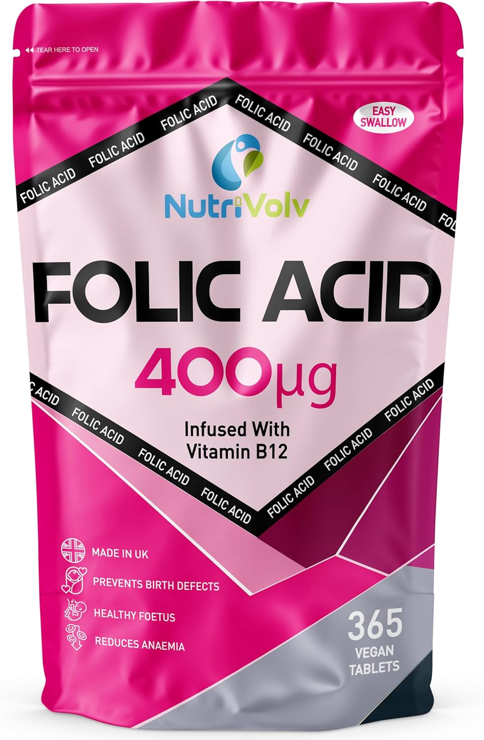 Folic Acid Tablets 400mcg | 365 Vegan Vitamin B9 Tablets | Added Vitamin B12 | 12 Month Supply | Pregnancy & Prenatal Care | Normal Maternal Tissue Growth | Reduce Tiredness & Fatigue | Women's Health
