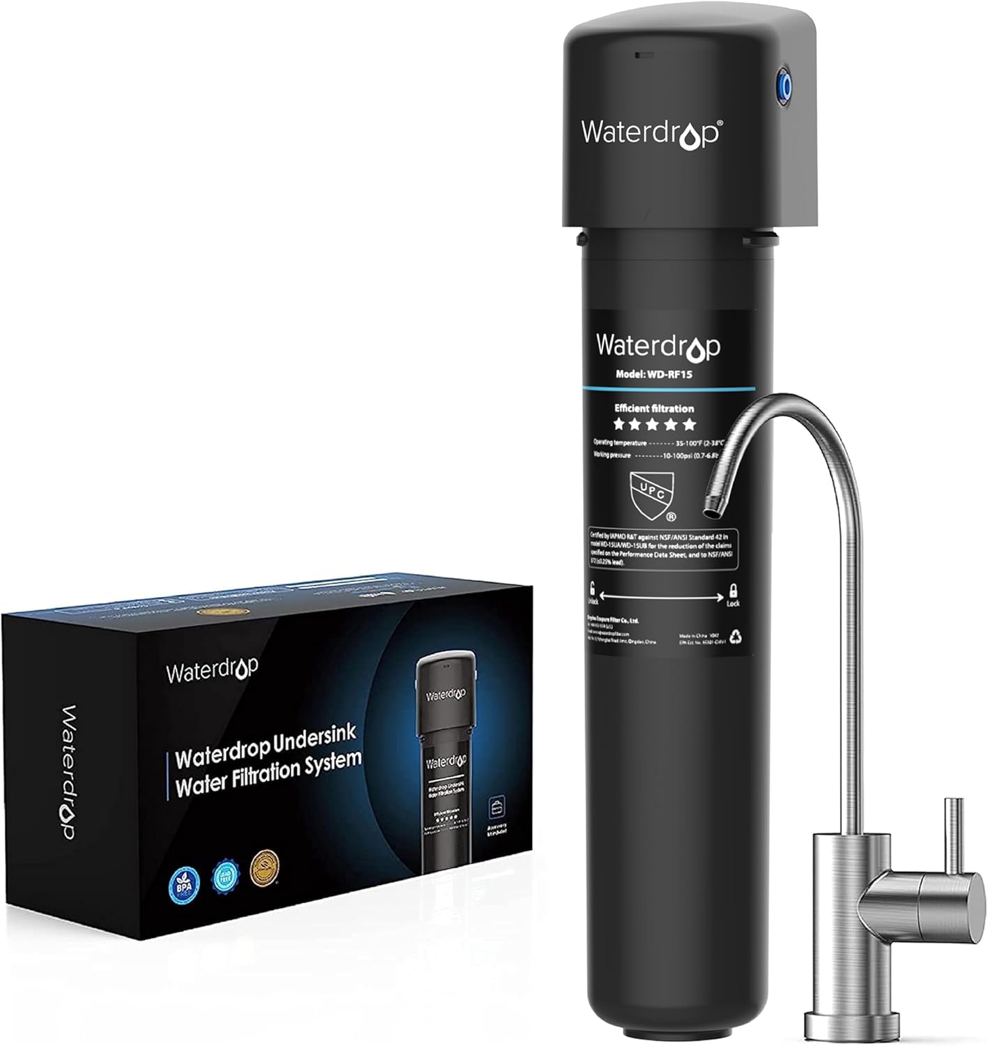 Waterdrop 15UB Under Sink Water Filter System, 60K Liters High Capacity Drinking Water Filtration System, with Dedicated Brushed Nickel Faucet, Reduce PFAS, PFOA/PFOS, Lead, Chlorine, Bad Taste