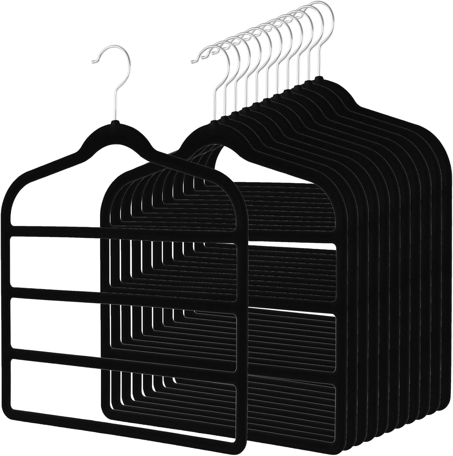 12 Pack 40x31cm Velvet Trousers Hanger, 4 Layer Space Saving Black Trousers Hanger, Multi Layer Black Hanger Wardrobe Organizer for Trousers Scarf Belts Ties Towel