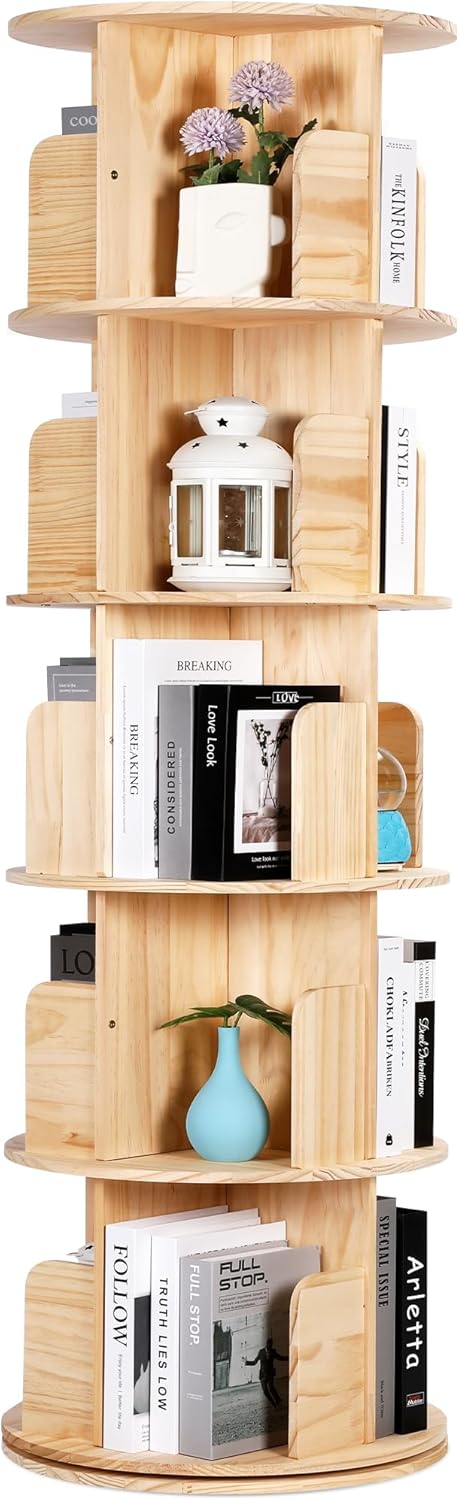 Rengue Rotating Bookshelf Tower, 5 Tiers Floor Standing Bookcase Storage Rack, 360 Display Round Spinning Bookshelf with Detachable Feet for Small Space, Bedroom, Living Room, Office