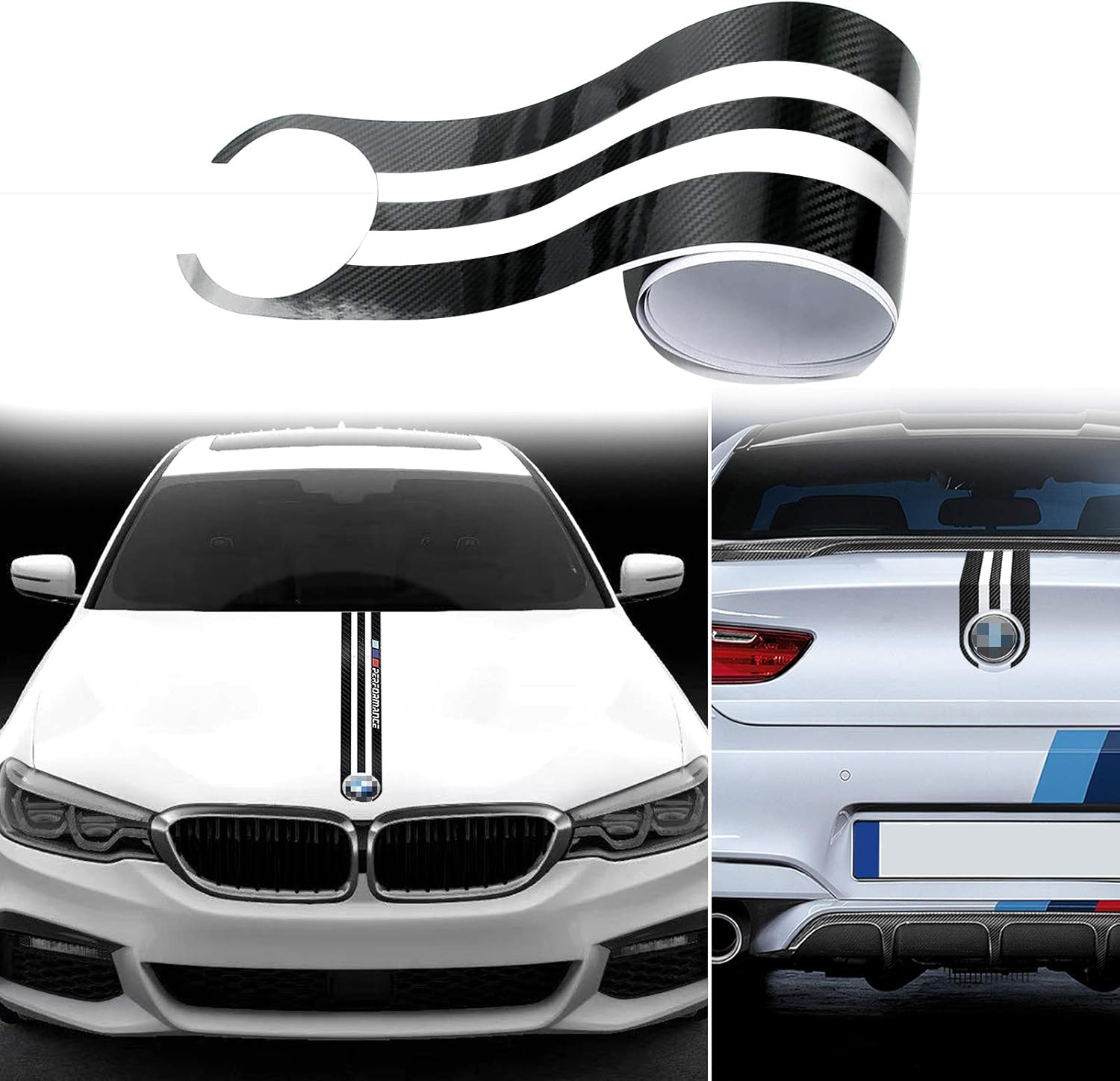 Carbon Fiber Car Hood + Trunk Lid Stripes Sticker Sport Racing Style Engine Cover Bonnet M Performance Vinyl Decal for BMW X M 3 4 5 6 E60 90 etc(Carbon Fiber + Reflective Silver/White)