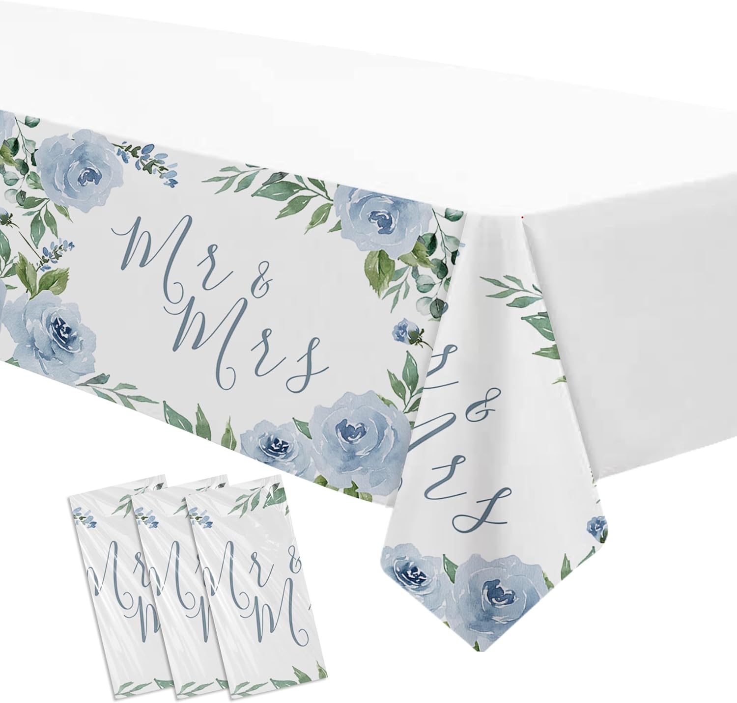 Srua Don Dusty Ble Mr and Mrs Bridal Shower Decorations Tablecloth, Something Blue Floral Wedding Party Supplies Table Cover, Flower Bridal to Be Engagement Table Decorations, 3 Pack, 55in x 86in