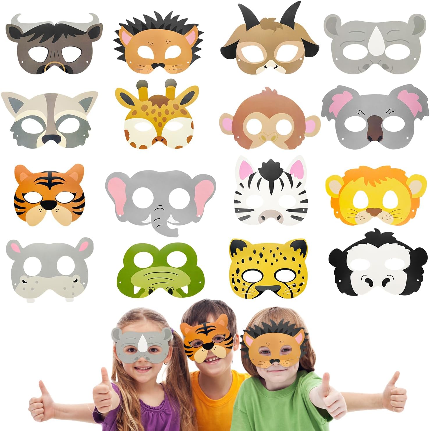 Yeefunjoy 16 Pieces Animal Masks, Children Masks Dress Up Jungle Animal Costume with 16 Different Animal for Cosplay Masquerade Halloween Birthdays Party Favors Zoo Theme Party Supplies for Girls Boys