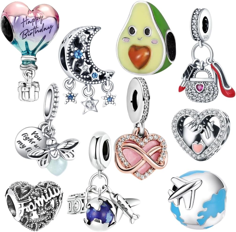 10 Pack Silver Spacer Bead Charms Set for Pandora Bracelets Special Gifts Unique Pandora Charms Design fit CZ Pendant Set