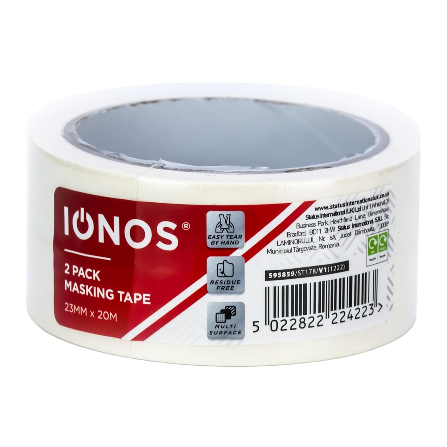 Status IONOS Masking Tape, Pack of 2, 23mm x 20 Metres, Multi-Surface Decorating Tape for DIY and Painting, Clean Removal with Easy Tear Design (IONMT23MM2PKX2)