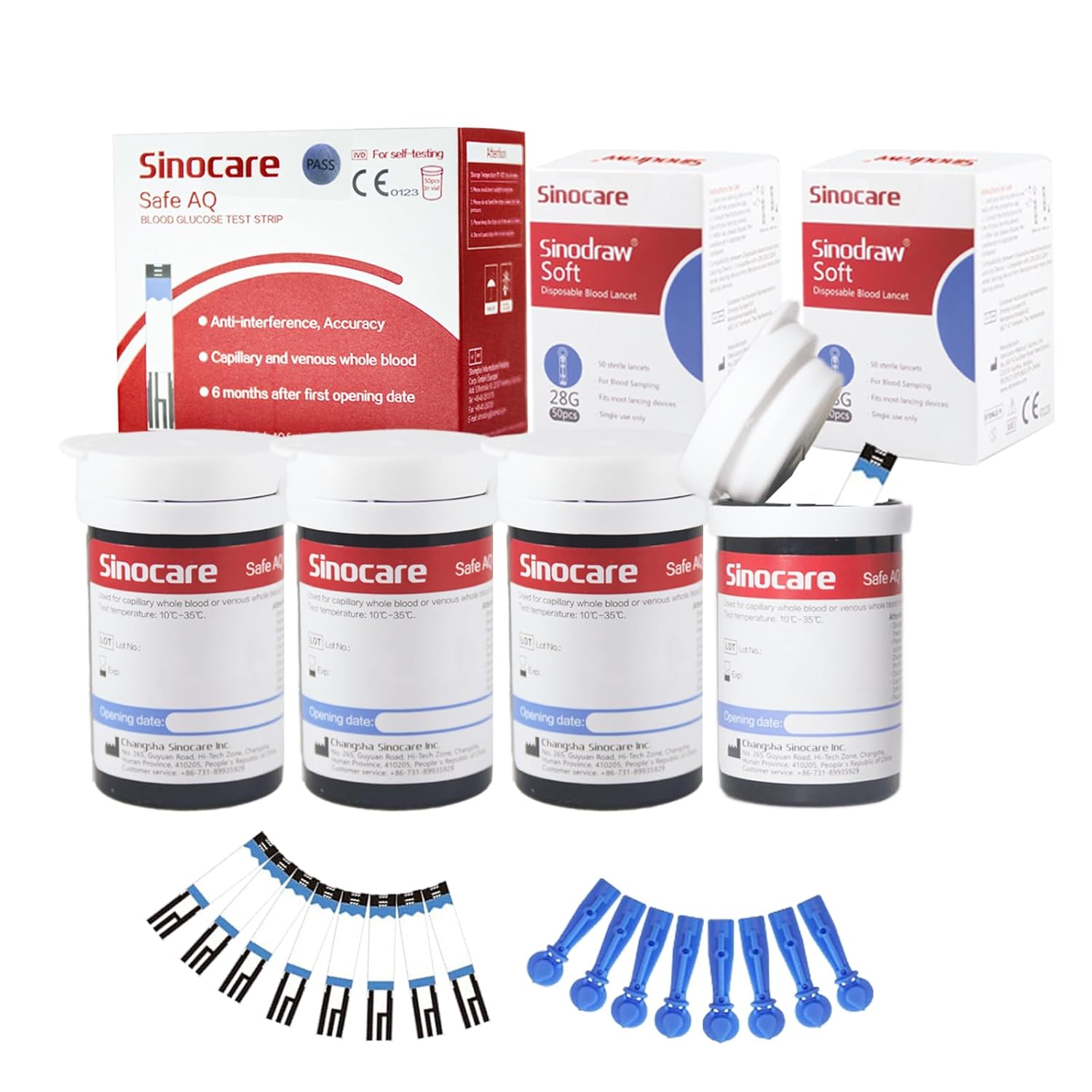 Sinocare Blood Glucose Test Strips x100 and Lancing Device x100 Only for Sinocare Safe AQ Smart Glucometer or Safe AQ Voice Glucometer, Blood Glucose Monitor Accessories Diabetes Test Kit Replacement