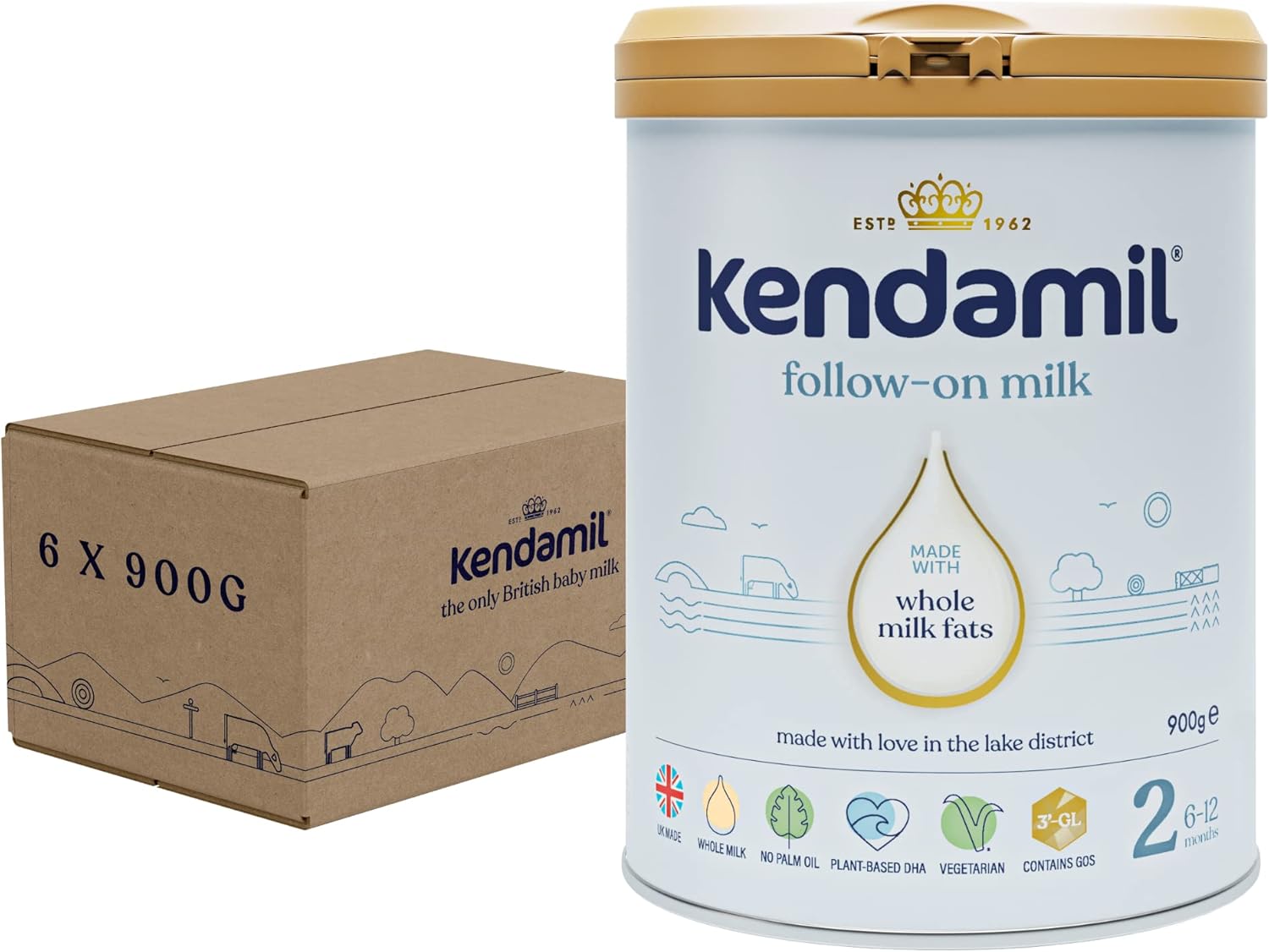 (6x900g) Kendamil Follow-On Milk 6-Pack, Stage 2, 6-12 Months – British Made, Whole Milk Formula – Vegetarian, No Palm Oil, No GMOs – with Omega 3 DHA, Omega 6 ARA and Prebiotics