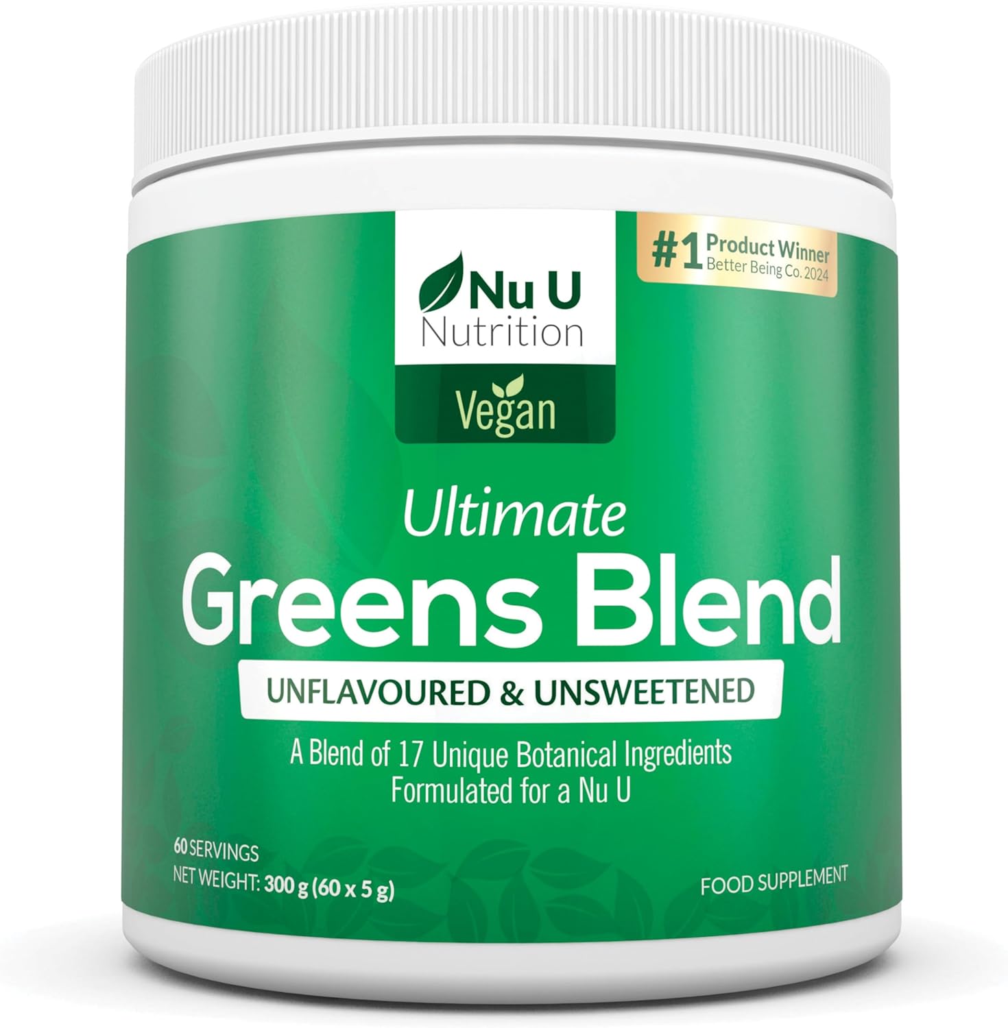 Super Greens Powder 300g - 17 Active Superfood Ingredients - 60 Servings - Vitamin & Mineral Rich Supplement - 100% Vegan, No Additives - Made in The UK - Nu U Nutrition