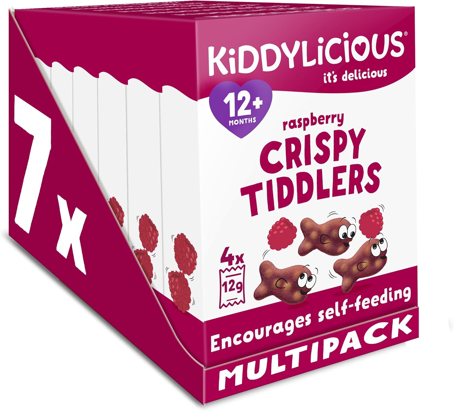 Kiddylicious Raspberry Crispy Tiddlers - Delicious Real Fruit Treat for Kids - Suitable for 12+ Months - 7 Packs of 4 (28 Total)