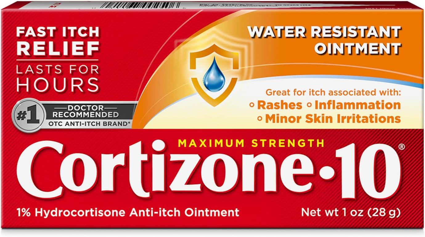 Cortizone-10 Maximum Strength Water Resistant Itch Relief Ointment, 1% Hydrocortisone, Fast-Acting, Anti-Itch Cream for Bug Bites, Rash, Eczema, Psoriasis, Poison Ivy, Oak, Sumac & More, 2 oz