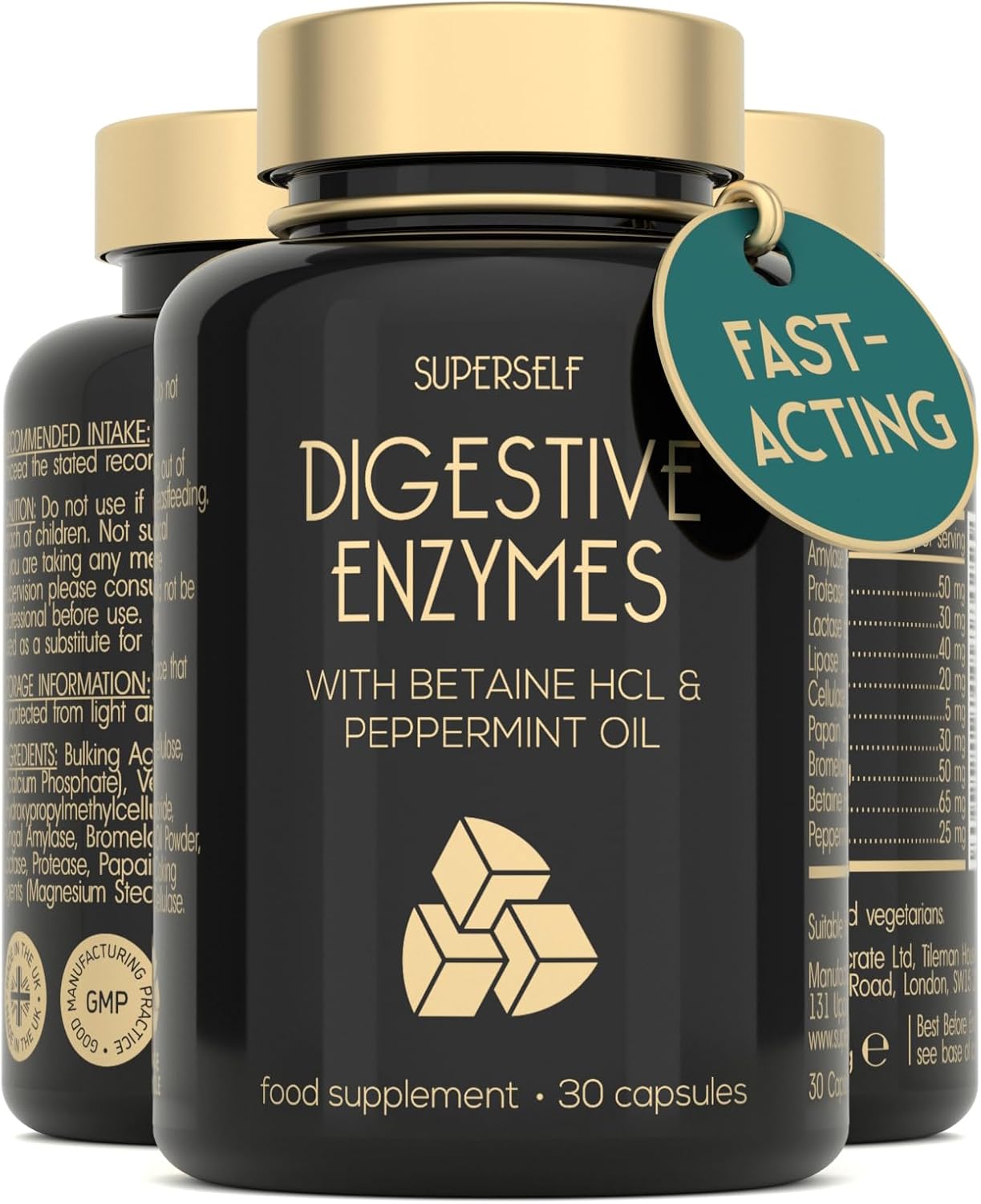 Digestive Enzyme Supplements with Betaine HCL - 7 Digestive Enzymes for Gut Health & Support with Lactase, Bromelain, Lipase & Peppermint Oil - 30 Capsules - Gentle & Fast Acting Tablets - UK Made