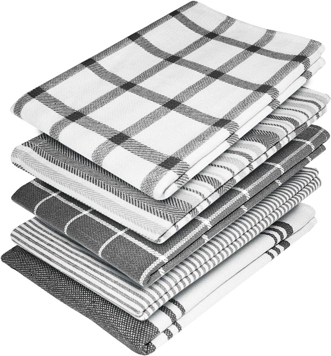 Elfranso Cotton Kitchen Tea Towels - Pack of 5, Absorbent, 70 x 50 cm (Grey)