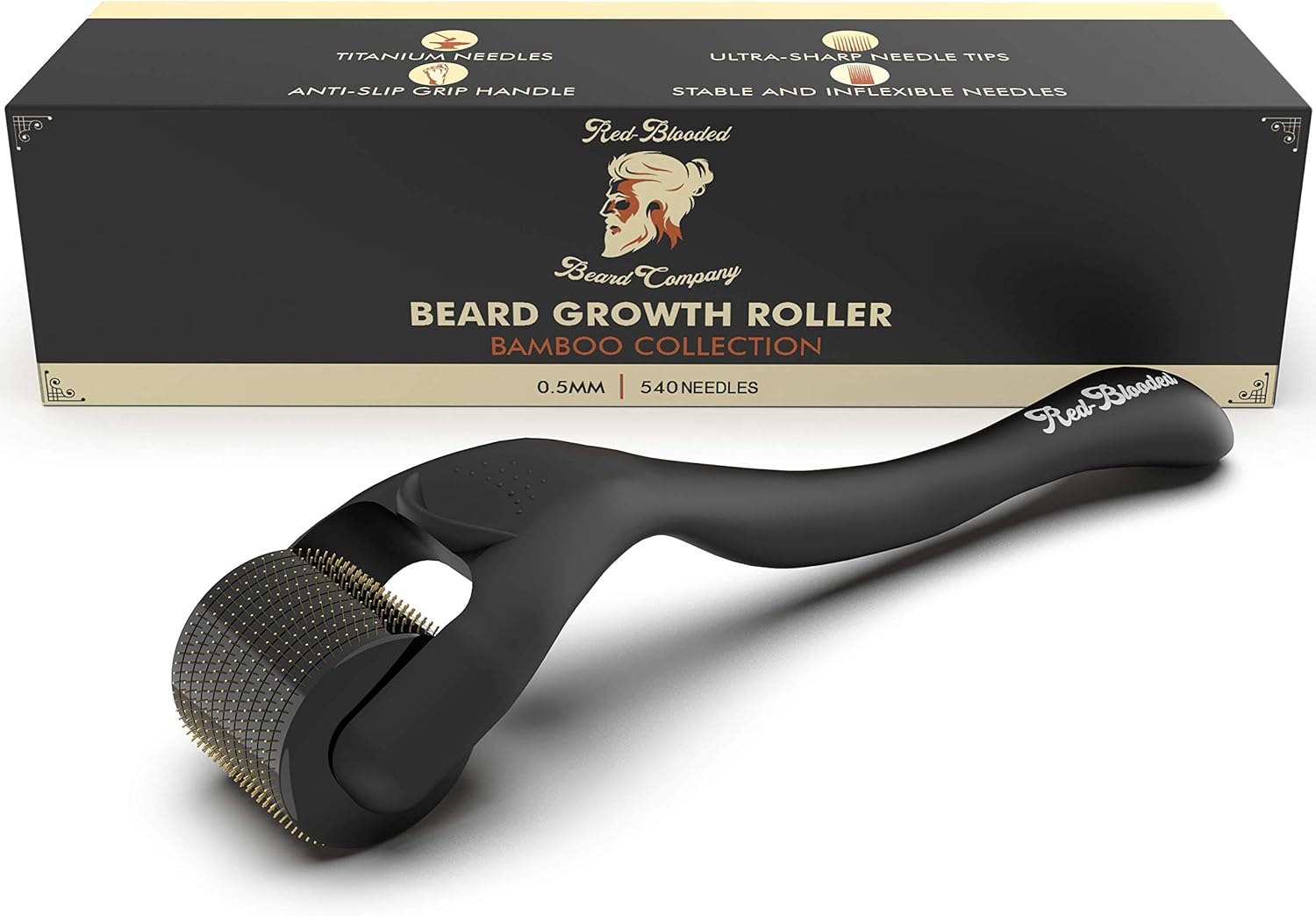 Red-Blooded Beard Growth Roller | Stimulate Beard and Hair Growth | 540 0.5mm Titanium Needles | Derma Roller For Men | Matte Black Beard Roller | Microneedle Roller